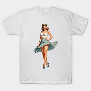 Retro Pin Up 1950s Girl in Light Blue Skirt T-Shirt